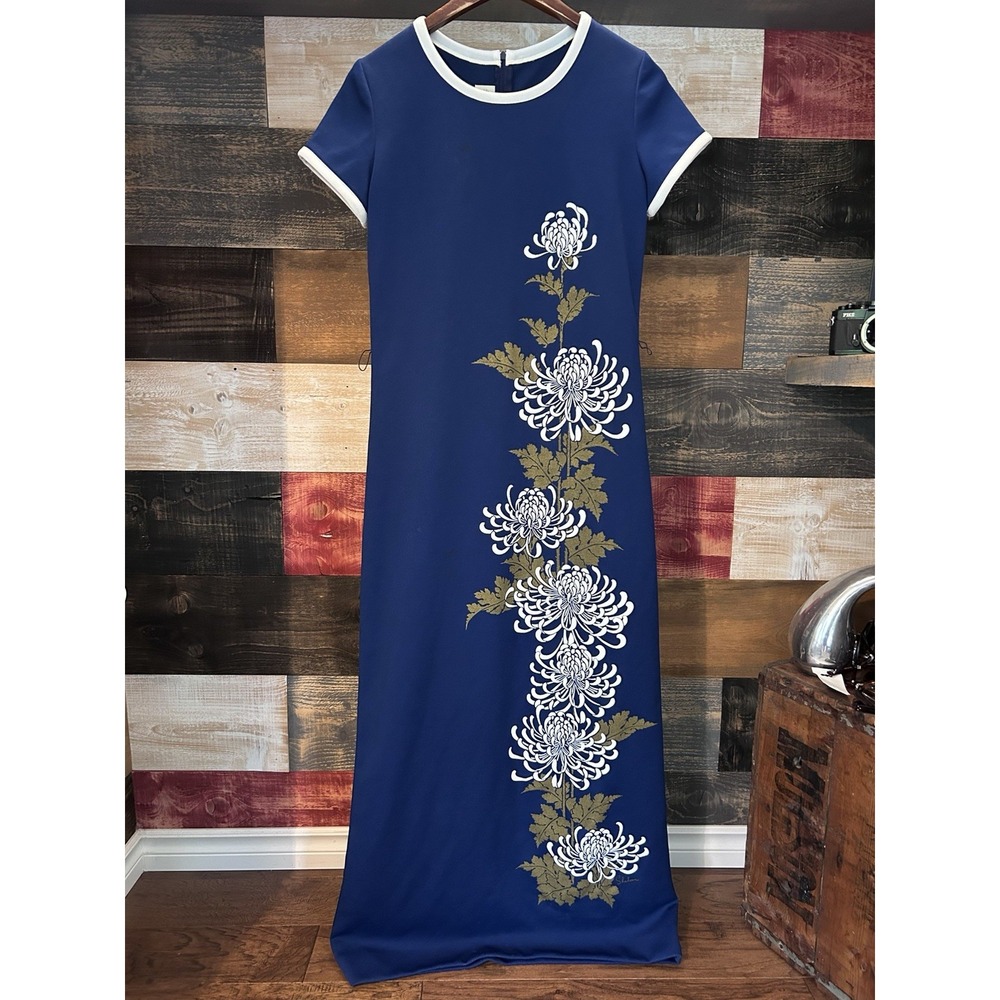 Alfred Shaheen Dress Maxi Hawaiian Hibiscus Lotus Blue Size 8 Vintage 60s 859-23